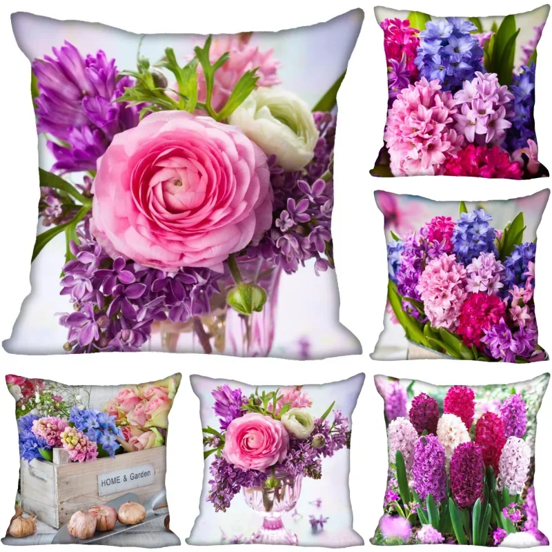 Hyacinth Flowers Pillow Case For Home Decorative Satin Pillows Cover Invisible Zippered Throw PillowCases 45X45cm 11-4