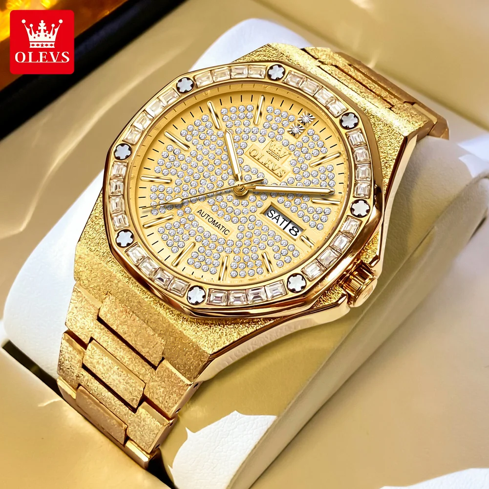 OLEVS Men's Watches Top Brand Luxury Fashion Full Diamond Dial Original Automatic Mechanical Wristwatch Texture Solid Strap Date