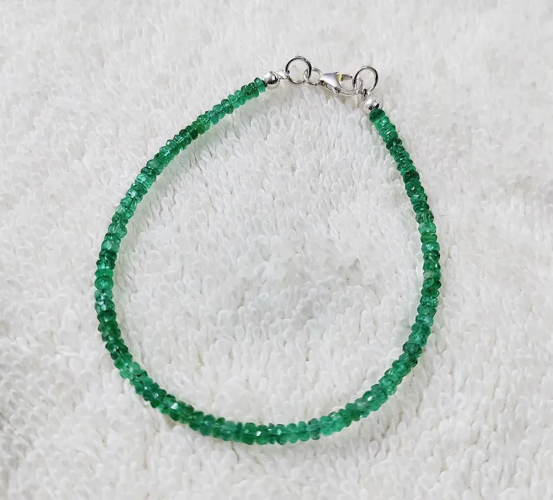 

Emerald Bracelet Round Faceted Beads Natural Green Gemstone Handmade Jewelry