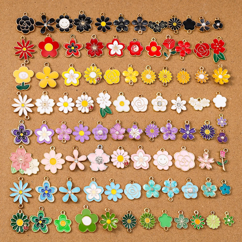 10 Stück zufällige gemischte Emaille-Blumen-Charms-Anhänger für Schmuckherstellung, Ohrringe, Halskette, DIY, Armband, Zubehör, Zubehör
