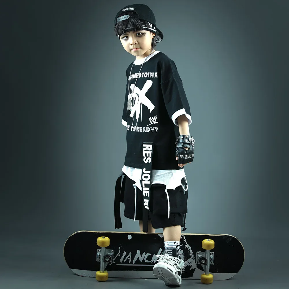 6-15 Korean Version of Children's Hip-hop Suit Jazz Dance Performance Skateboard Sportswear New Boys Drum Set Two-piece Summer