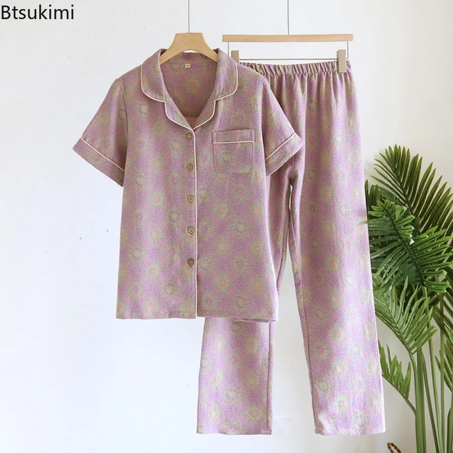 2025 Women's Spring Summer Pajama Sets 100% Cotton Short Sleeve Suit Tops and Pants Jacquard Pajamas Large Home Clothes Female
