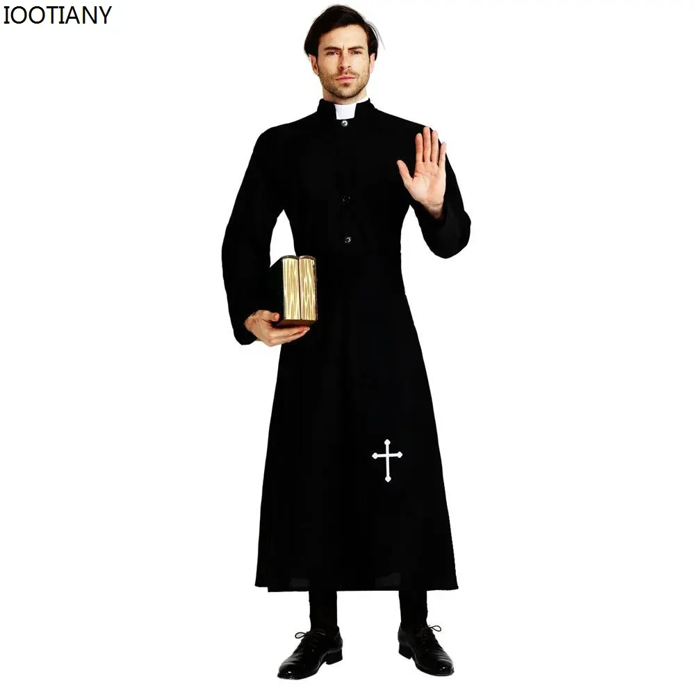 Cosplay hommes pasteur religieux père Costumes adulte noir Noble prêtre Costume Halloween pourim fête Mardi Gras déguisement