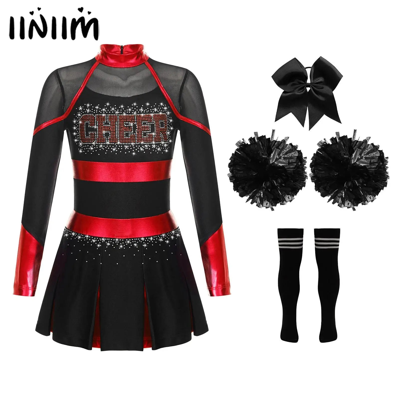 Kids Girls Cheerleading Uniform Cheerleader Costume Glittery Rhinestones Letter Pattern Metallic CLong Sleeve Pleated Dress