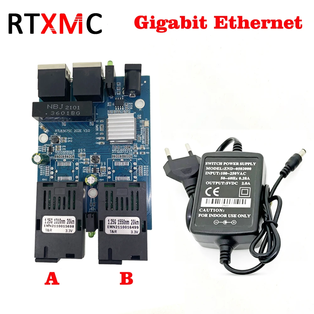 5pcs RTL8367SC Gigabit Ethernet fiber switch 2RJ452 SC Gigabit Fiber Optical Media Converter 2SC2RJ45 Ethernet 10/100/1000M PCB