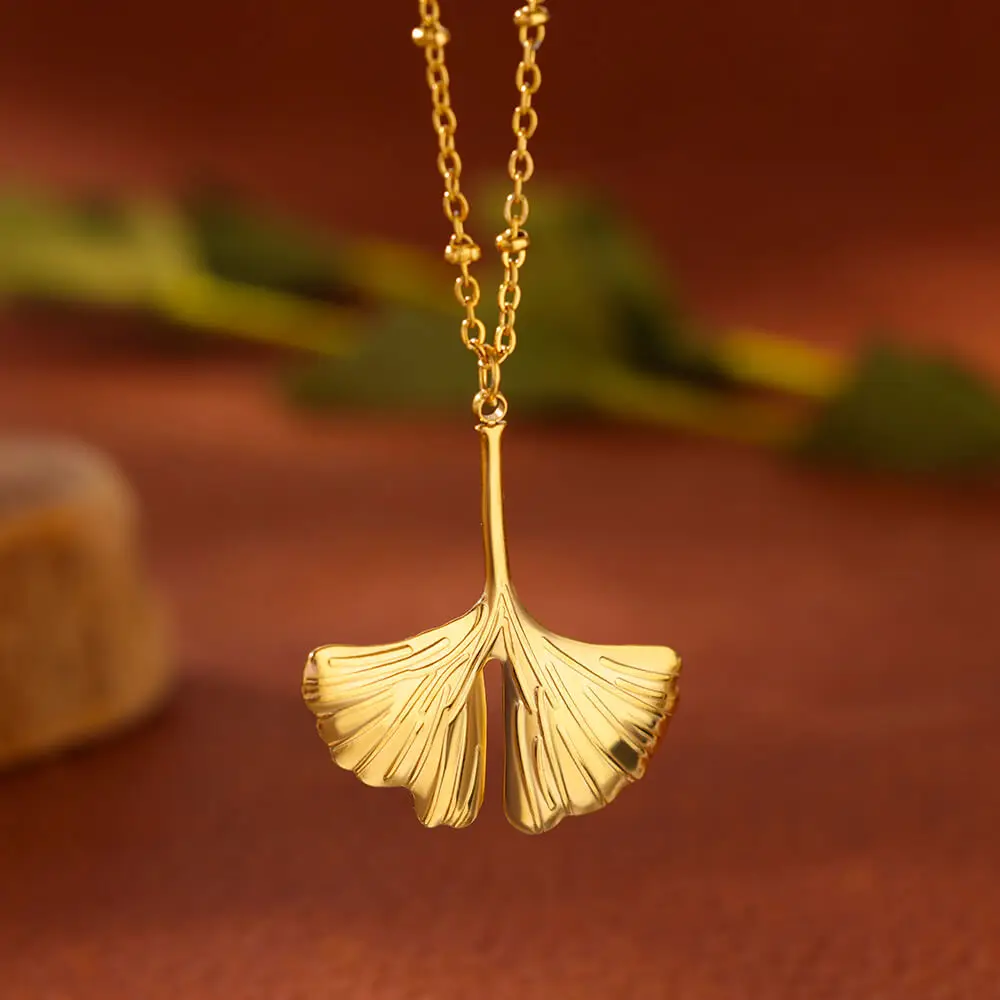 Gold Color Ginkgo Leaf Necklace for Women Vintage Geometric Pendant Stainless Steel Chain Necklace Jewelry Wedding Party Gift