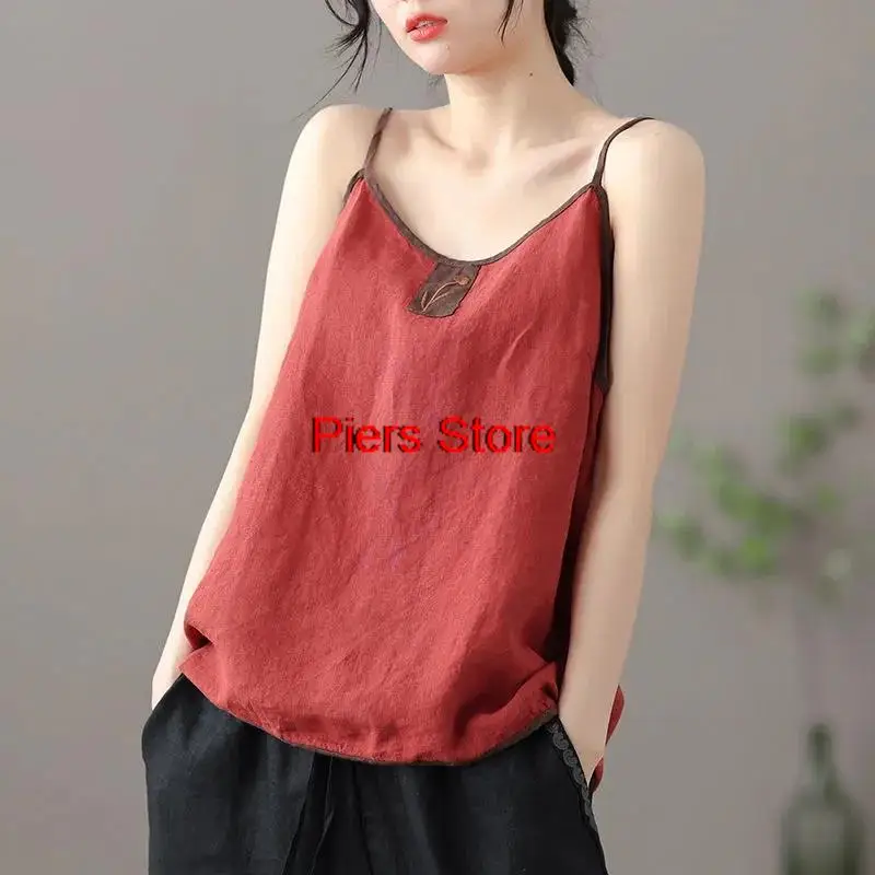 Chinese Style Tang suit  Hanfu  T-shirt 2025 Summer New Artistic Retro Cotton and Linen Buckle V-neck Embroidery Loose Top