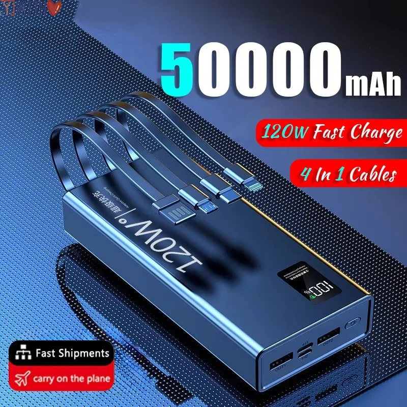 

120W 50000mAh High Capacity Power Bank 4 in 1 Cables Fast Charging Powerbank Portable Battery Charger For iPhone Samsung Xiaomi