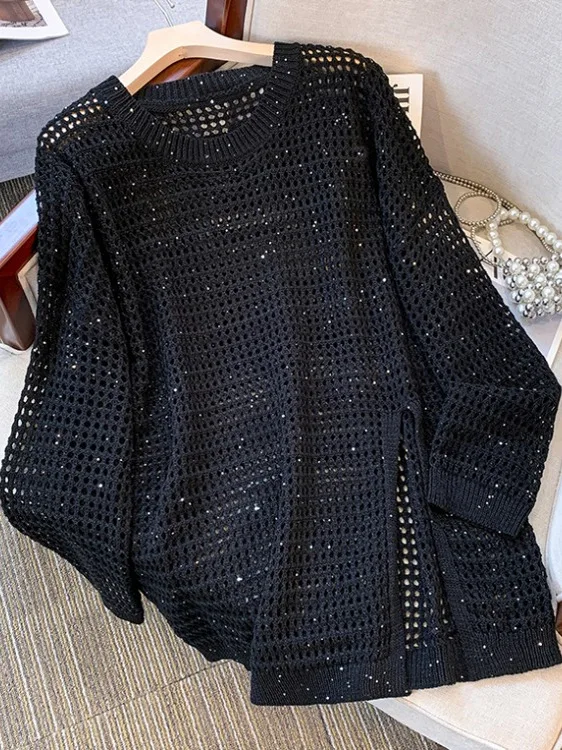 

Coffee Color Sequin Hollow Knitted Sweater Women's Early Autumn plus Size Open Split Casual Sle Long Sve round Ne Top