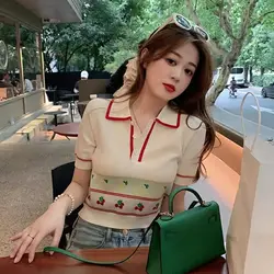 Korean Retro Contrast Color Knitted POLO Shirts Summer Cute Strawberry Bear Jacquard Embroidery Blouse Lovely Women Crop Tops