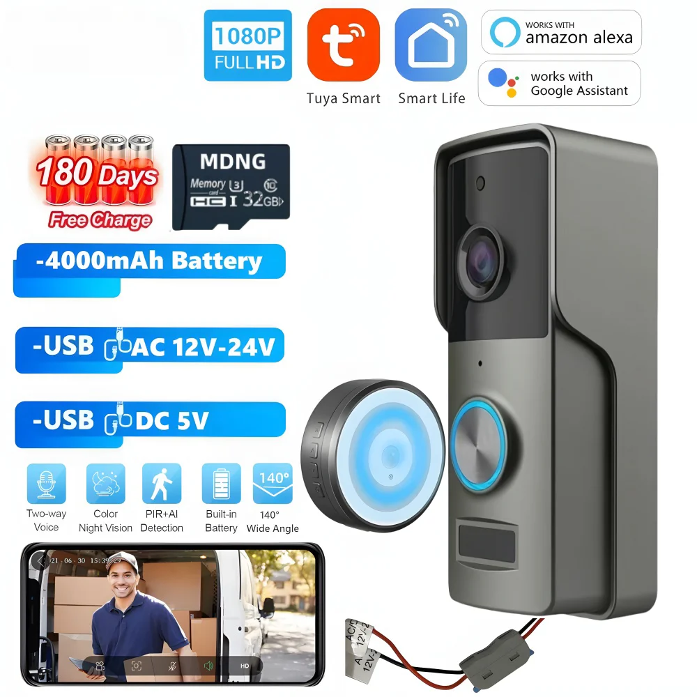 Tuya Smart WiFi Video Doorbell Camera, Sans fil, HD, 1080P, Extérieur, Batterie étanche, Filaire, AC 12V-24V, 62Alexa, Google Home