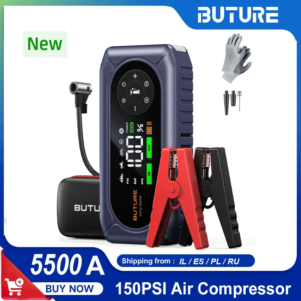 BUTURE 5500A Car Jump Starter Power Bank Portable 150PSI Air Pump Car Battery Emergency Boosters Car Starter Starting Device