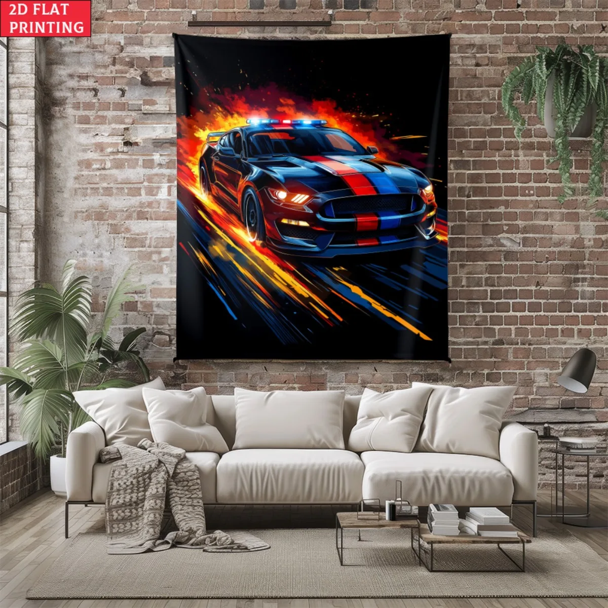 Dynamic sports car with flame theme printing polyester wall tapestry suitable for use in living room bedrooms offices bars party