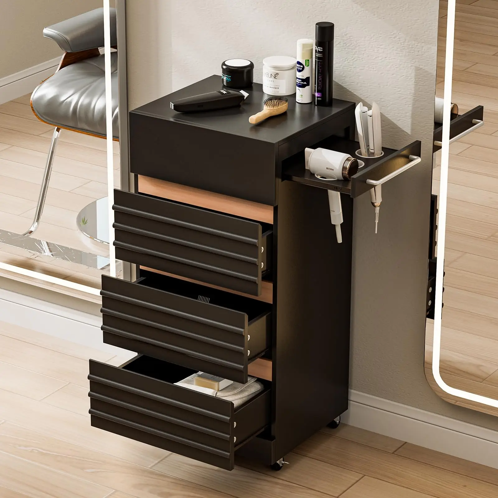 Salon Trolley Cart with Lockable Wheels, Rolling Hair Cart with 3 Dryer Holders for Hair Stylist, Wall Mount Makeup
