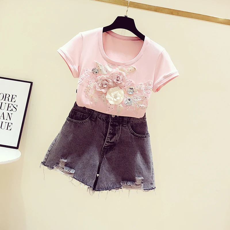 เสื้อผู้หญิง 2025 Ropa Mujerแขนสั้นO-คอ 3Dดอกไม้ฤดูร้อนTeesขนาดใหญ่เสื้อแฟชั่นสบายๆเย็บปักถักร้อยเสื้อยืดสีขาว