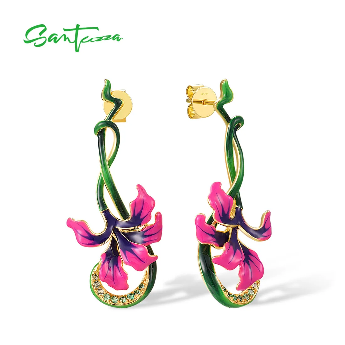 SANTUZZA Genuine 925 Sterling Silver Stud Earrings For Women Pink Enamel Flower Green Spinel Plant Long Trendy Fine Jewelry