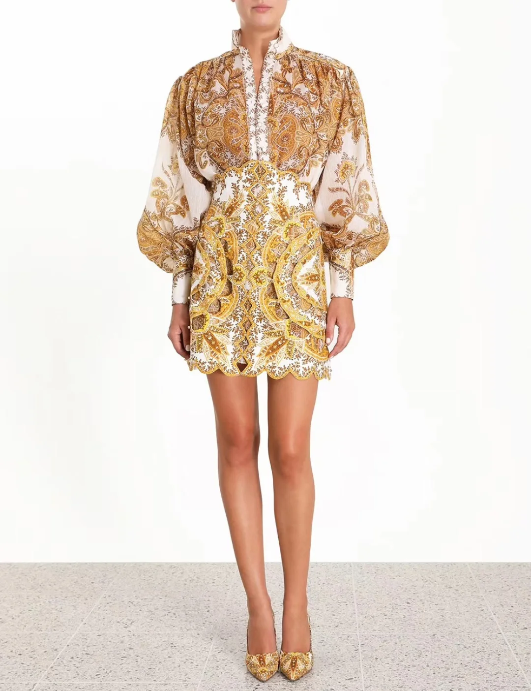 

Women New Collection Beach Style Holiday High Quality Paisley Lantern Sleeve Blouse and Mini Skirt Set Oufit