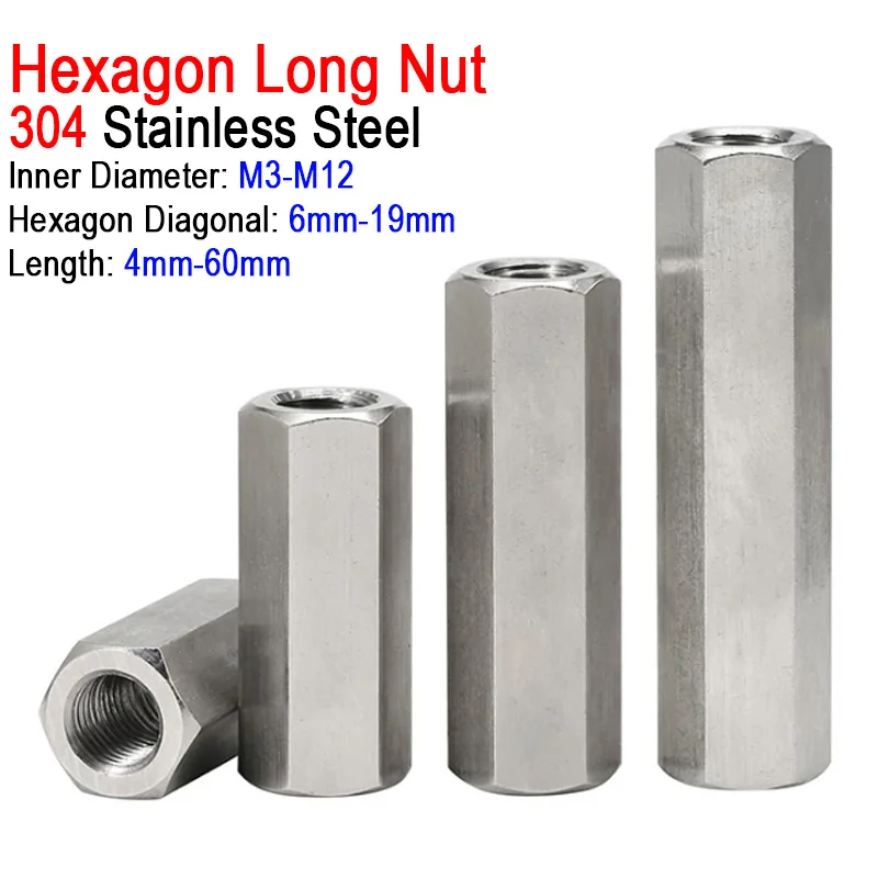 1~20Pcs M3 M4 M5 M6 M8 M10 M12 304 A2 Stainless Steel Hex Extended Coupling Nut Long Rod Connecting Joint Tubular Connector Nut