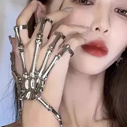 2024 Gothic Skeleton Hand Bracelet with Ring Unisex Punk Style Adjustable Metal Skull Finger Bangle Bracelet for Women Men