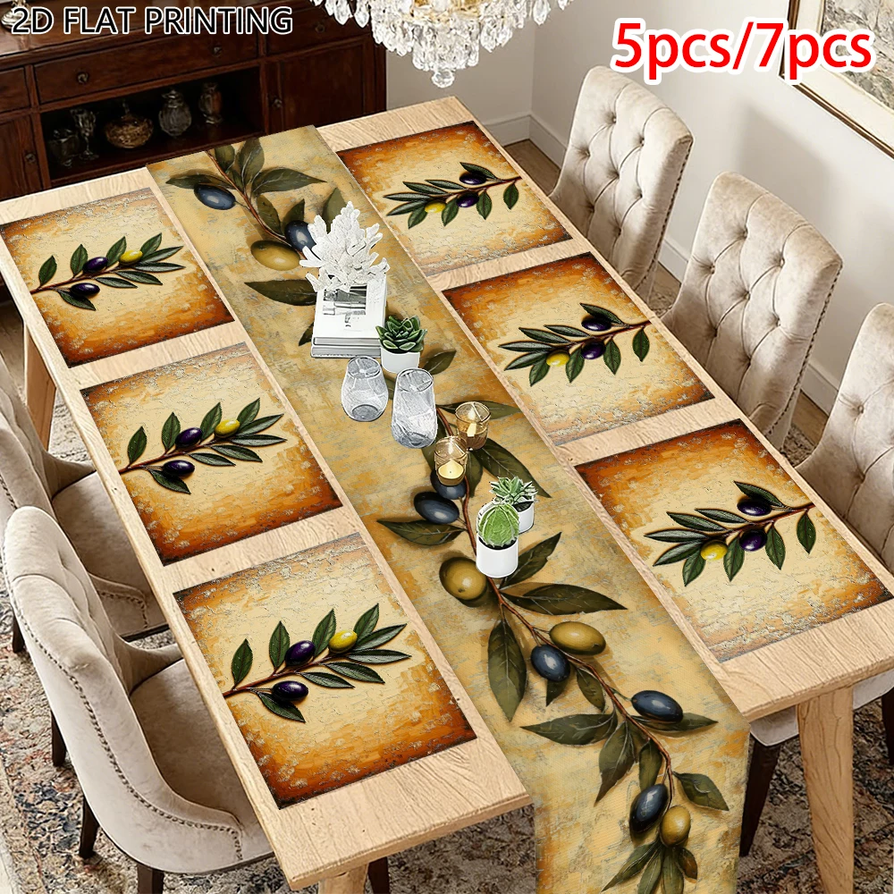 1pc Retro Olive Branch Table Runner and Placemat for Bistro Cafe Family Meal Table Decor