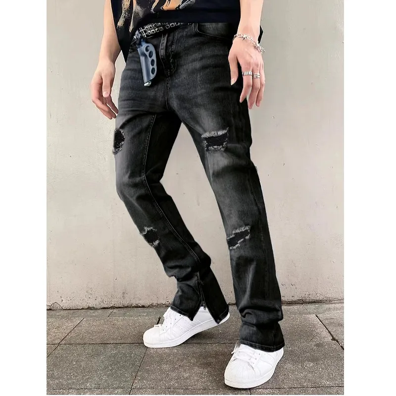 

2025 Four Seasons Hot-Selling American Retro Street Style Straight-Leg Pants, Black Slim Fit Zipper Design Trendy Men's Jeans