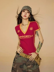 HOUZHOU Y2k Patchwork Streetwear T Shirts Women American Retro Fashion Design Sexy Letter Print Slim Tees Tops E-grils 2024 Chic