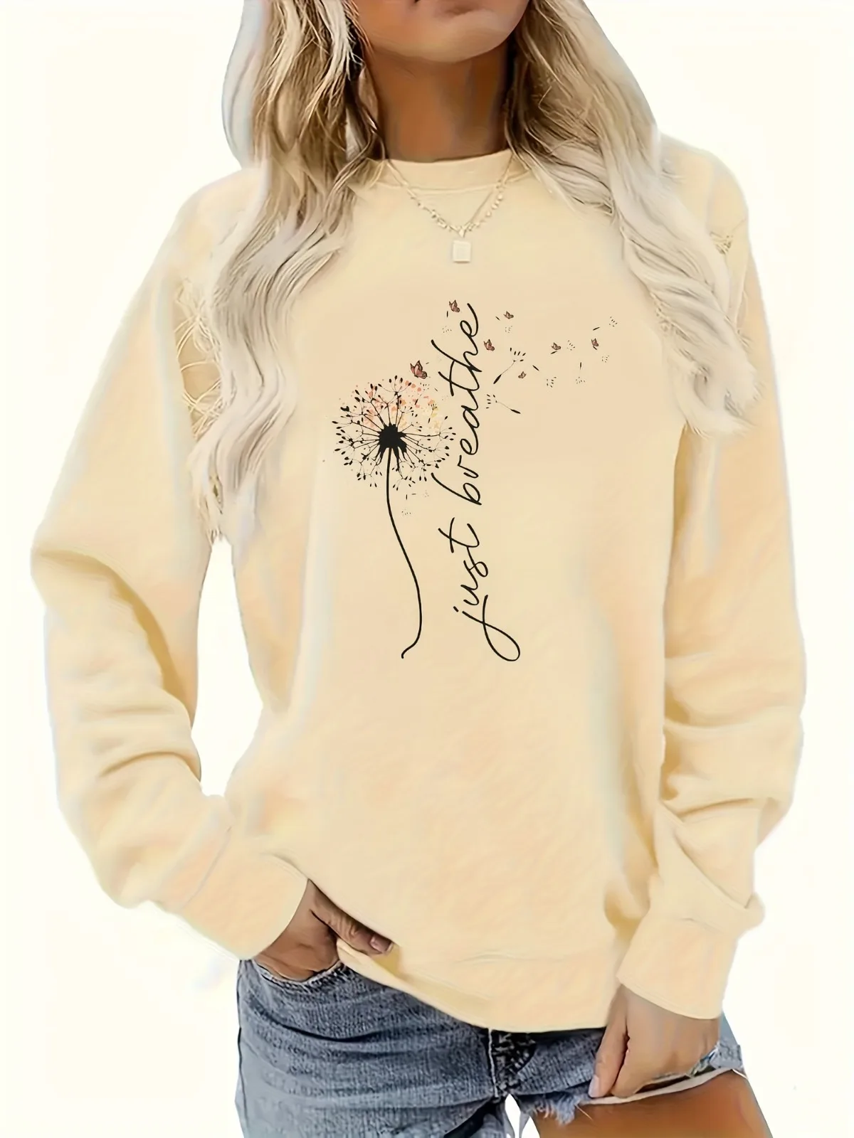 Damska bluza z nadrukiem w stylu casual z napisem "Just Breathe", wygodna bluza z okrągłym dekoltem, idealna na prezenty świąteczne.