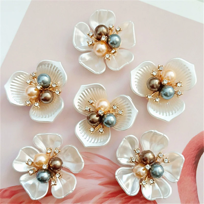 2PCS Flower Pearl Rhinestone Buttons Crafts Clothes Alloy Metal Sewing Button For Hair Accessories Brooch DIY Decoration