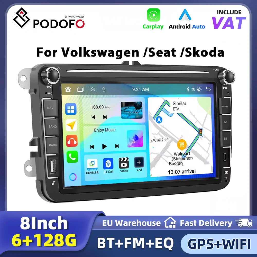 Podofo 8'' Android 4+64G Autoradio mit Carplay, 4G, GPS und FM-Player für VW, Seat, Skoda, PASSAT B6, B7, Superb, Octavia, Fabia, Fahrzeug-Audio-Gerät, 2-DIN-Autoradio