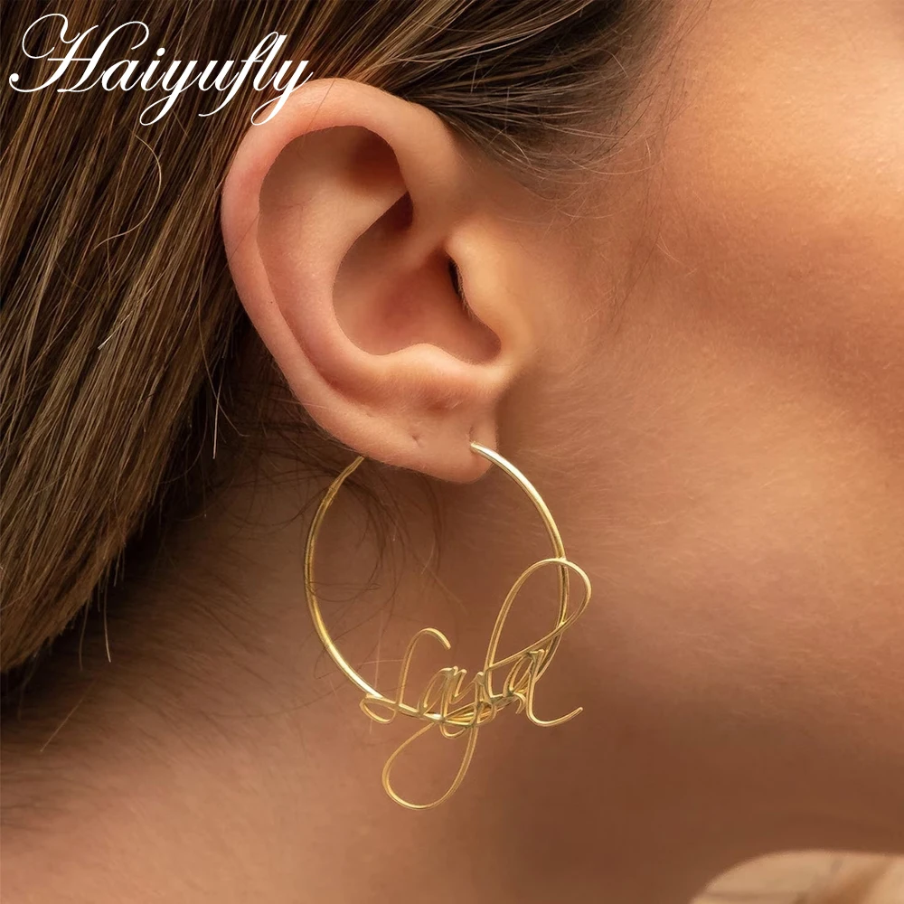 

Haiyufly Personalized Custom Name Earring for Women Girls Stainless Steel Hoop Earrings Letter Nameplate Christmas Jewelry Gift