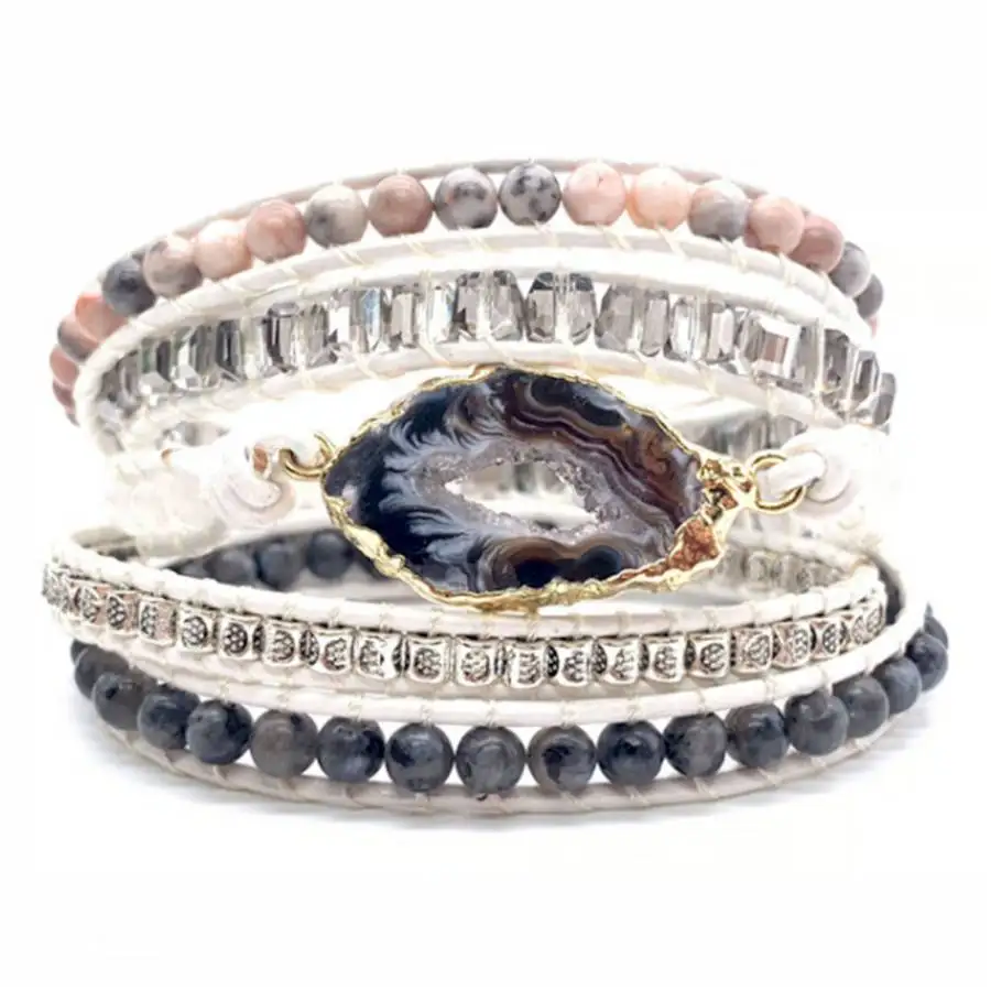 

Natural Agates Wrap Bohemia Weave Leather Bracelet Bodhi Natural stone Tibetan Men's Bohemian Buddha Stone Women Hand elastic