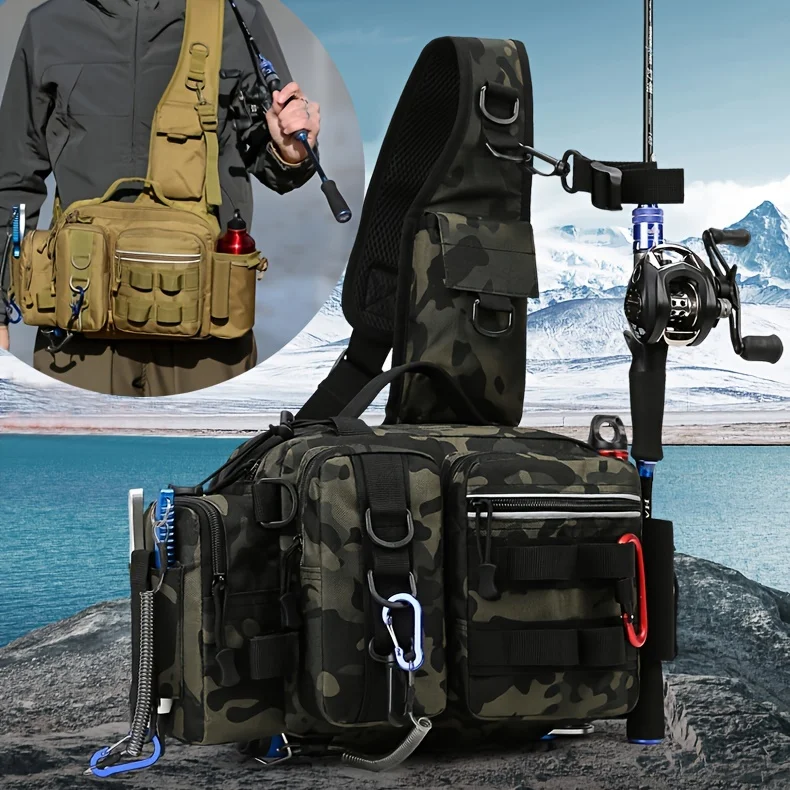 Outdoor Fishing Gear Storage Bag Multi-Functional Tackle Sling Backpack with Bottle Pocket Molle for Camping Hiking Fishing