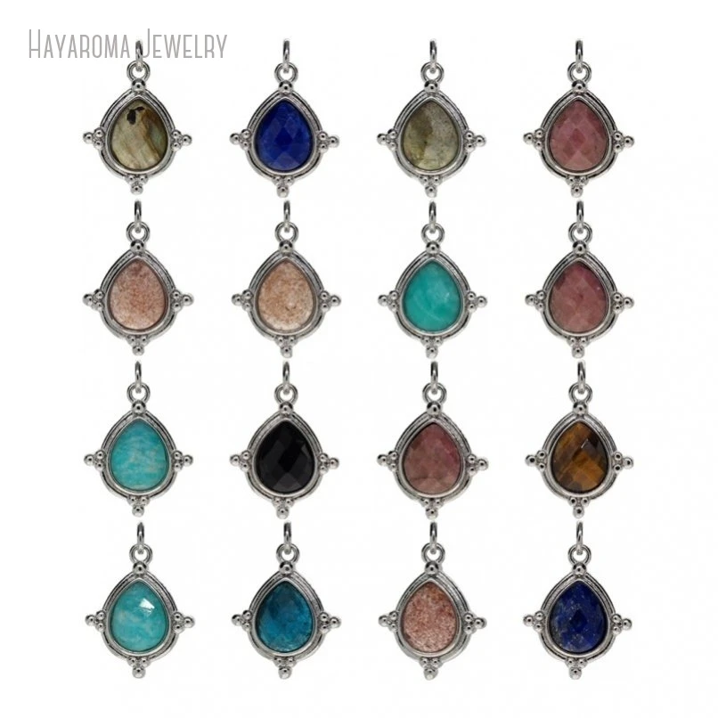 12Pcs Semi-precious Stone Rhodonite Stawberry Quartz Apatite Silver Color Water Drop Shape Teardrop Charms PM50456