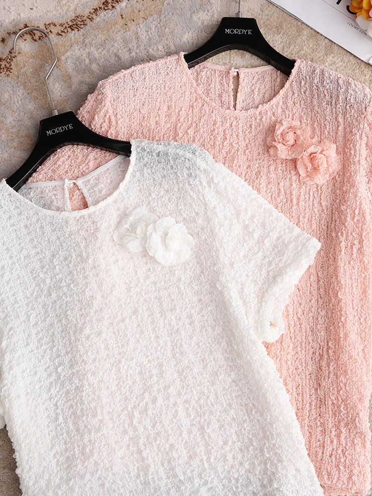 

Silk Bubble Pleat Short Sleeve Women's Shirt Elegant Miniature Aesthetic Silk Top round Neck Commute Style Pure Color