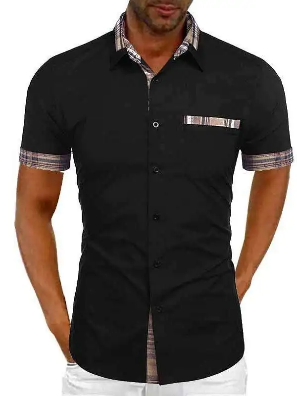 Men's No Ironing Treatment Short Sleeve Cardigan  Neck Casual Style Polyester Fiber Standard Fit Inner Wear Pure Color Shirt