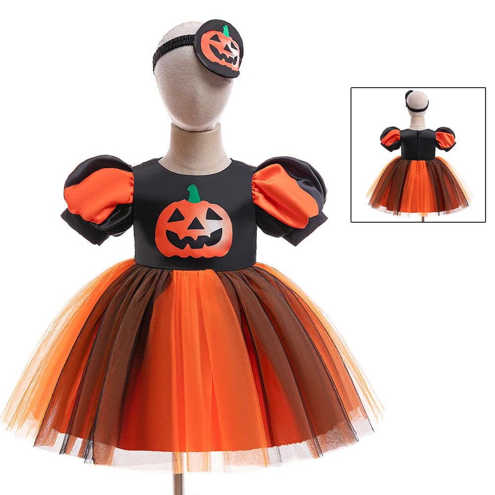 

Baby Girl Clothes Dress Newborn Infants Halloween Party Costume Pumpkin Lamp Colorblocked Mesh Tutu Princess Dress Evening Dress