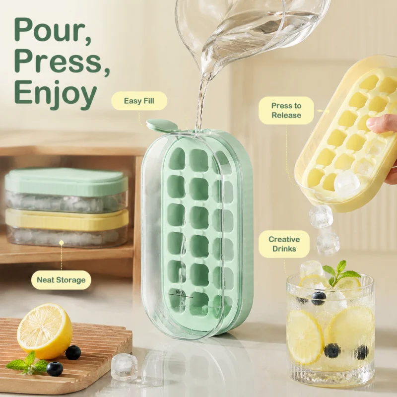 18 Grids Press Type Silicone Ice Cube Tray Water Injection Ice Mould with Lid Easy Release DIY Ice Maker Whiskey Cocktail Drinks