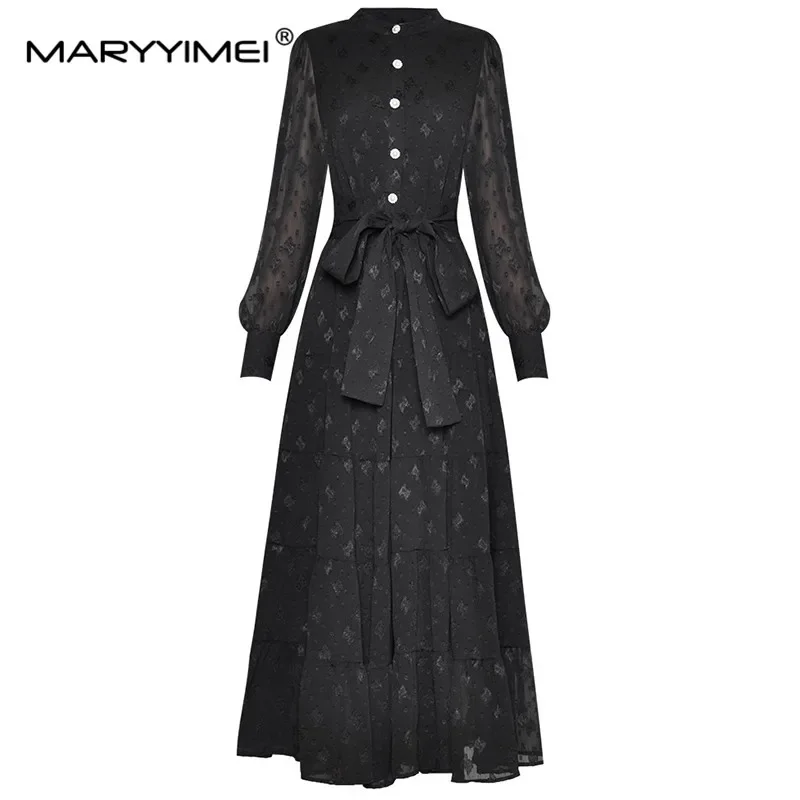 

MARYYIMEI Fashion Designer Autumn Women's dress Single breasted Long sleeved Lace up Slim Elegant Long Dresses