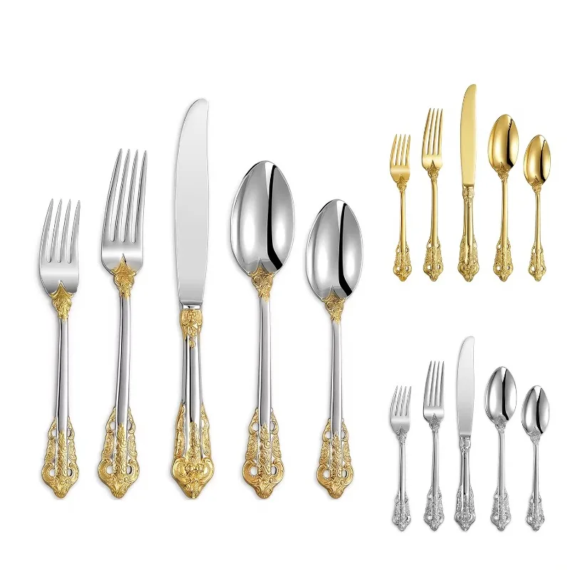 High Quality Vintage 304 Stainless Steel Spoon Fork Flatware Silverware Royal Hotel Wedding Gold Luxury Baroque Cutlery Set