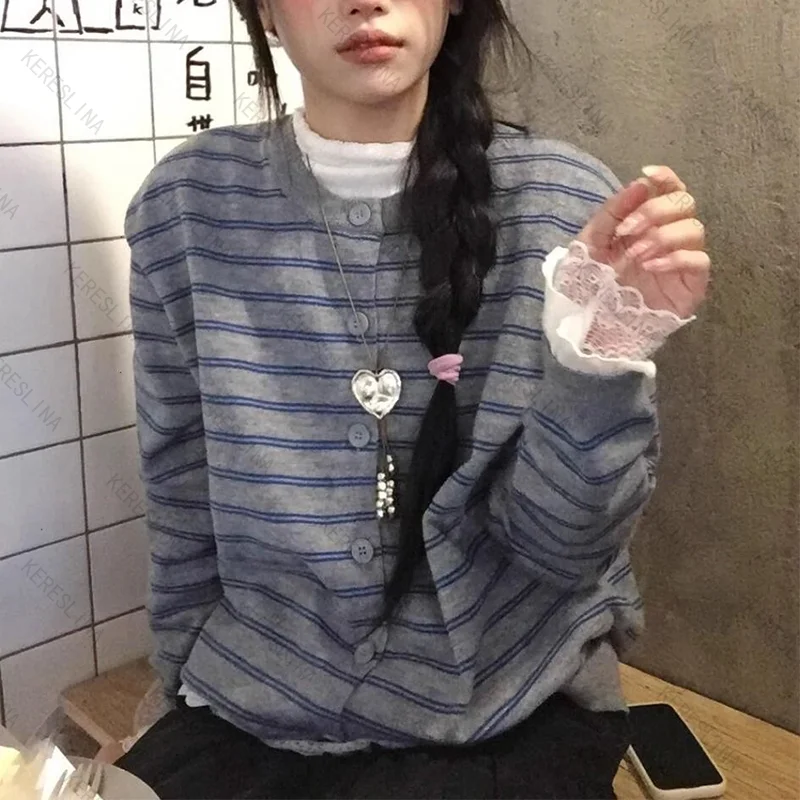 الخريف والشتاء أنيقة حلوة كلاسيكية مخطط زر سترة محبوكة أعلى الأمريكية مريحة تنوعا سترة محبوكة ايمو