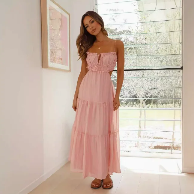 

Fashion Lace-up Dress For Women Sexy Solid Color Sleeveless V-neck Backless Dress Women Summer Elegant Deach Holiday Robe Women