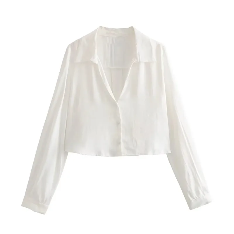 TRAF White Cropped Shirt Women Satin Long Sleeve Blouse Women Elegant Summer Blouses Woman 2023 Collared Button Up Short Shirt