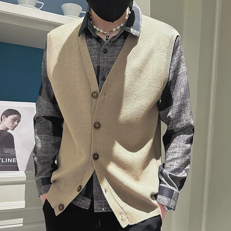 Korean Slim Plaid Contrast Color Sweater Men Cardigan Sweater Men Clothing Casual Warm Trend Herren Fake Two Pieces Sweater