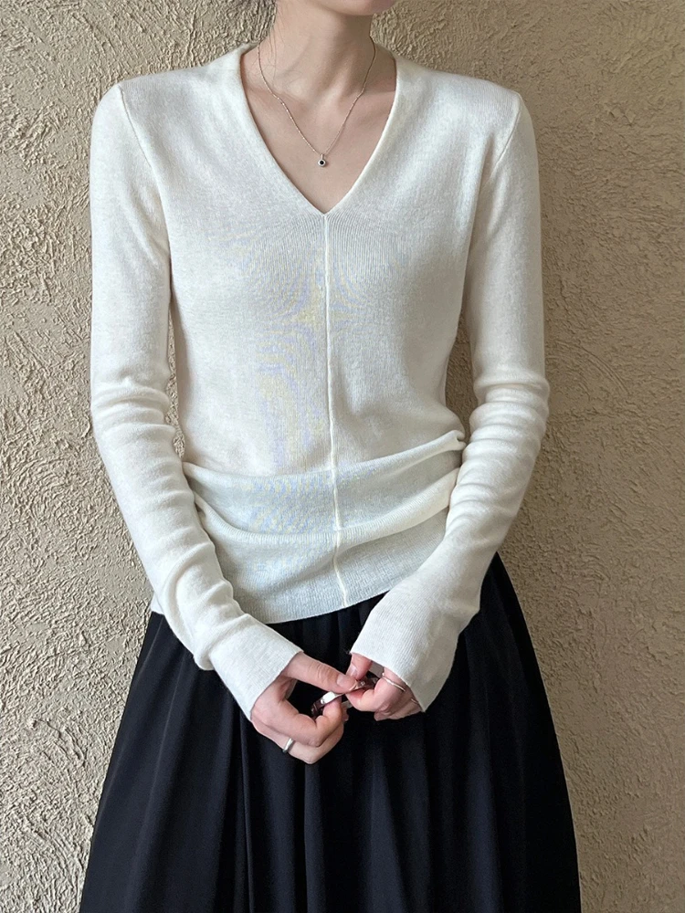 

Women's V-Neck Knit Pullover 2025 Autumn/Winter Slim Fit Lightweight Long Sleeve Sweater Top for Layering or Office Wear