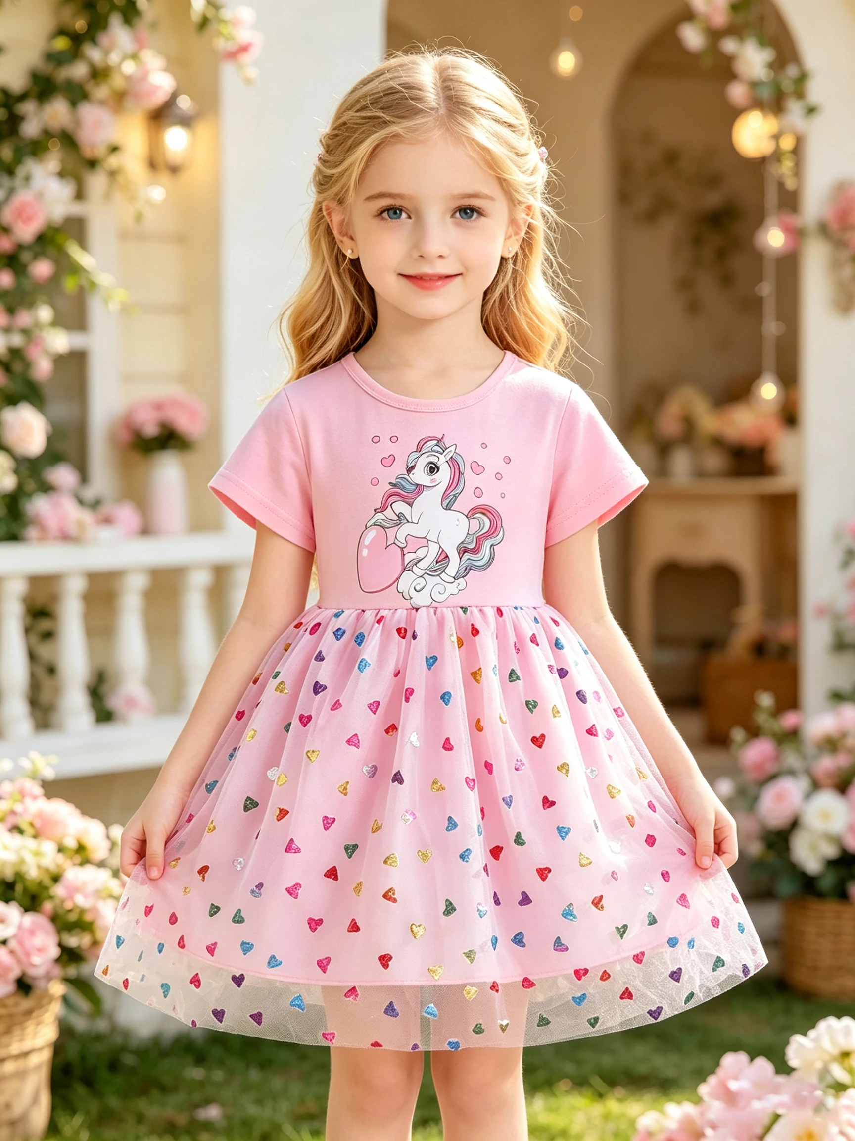 Pink Heart Unicorn Short-Sleeve Dress for Girls, Puffy Princess Skirt with Colorful 3D Heart Tulle