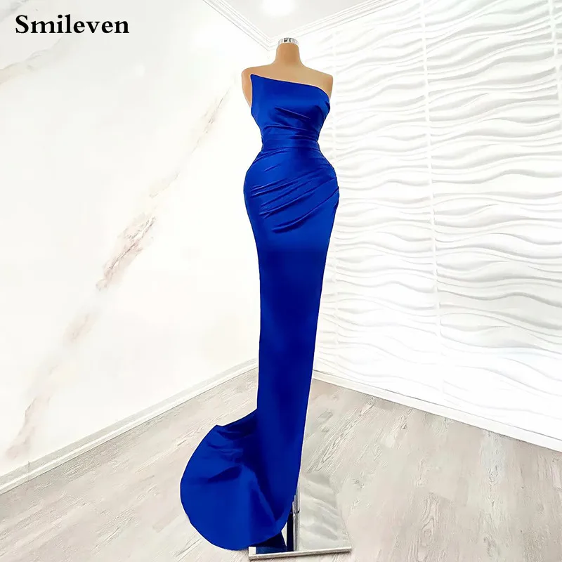 

Smileven Royal Blue Mermaid Evening Dresses Strapless Prom Dress Saudi Arabia Modern Side Split Party Dress 2023