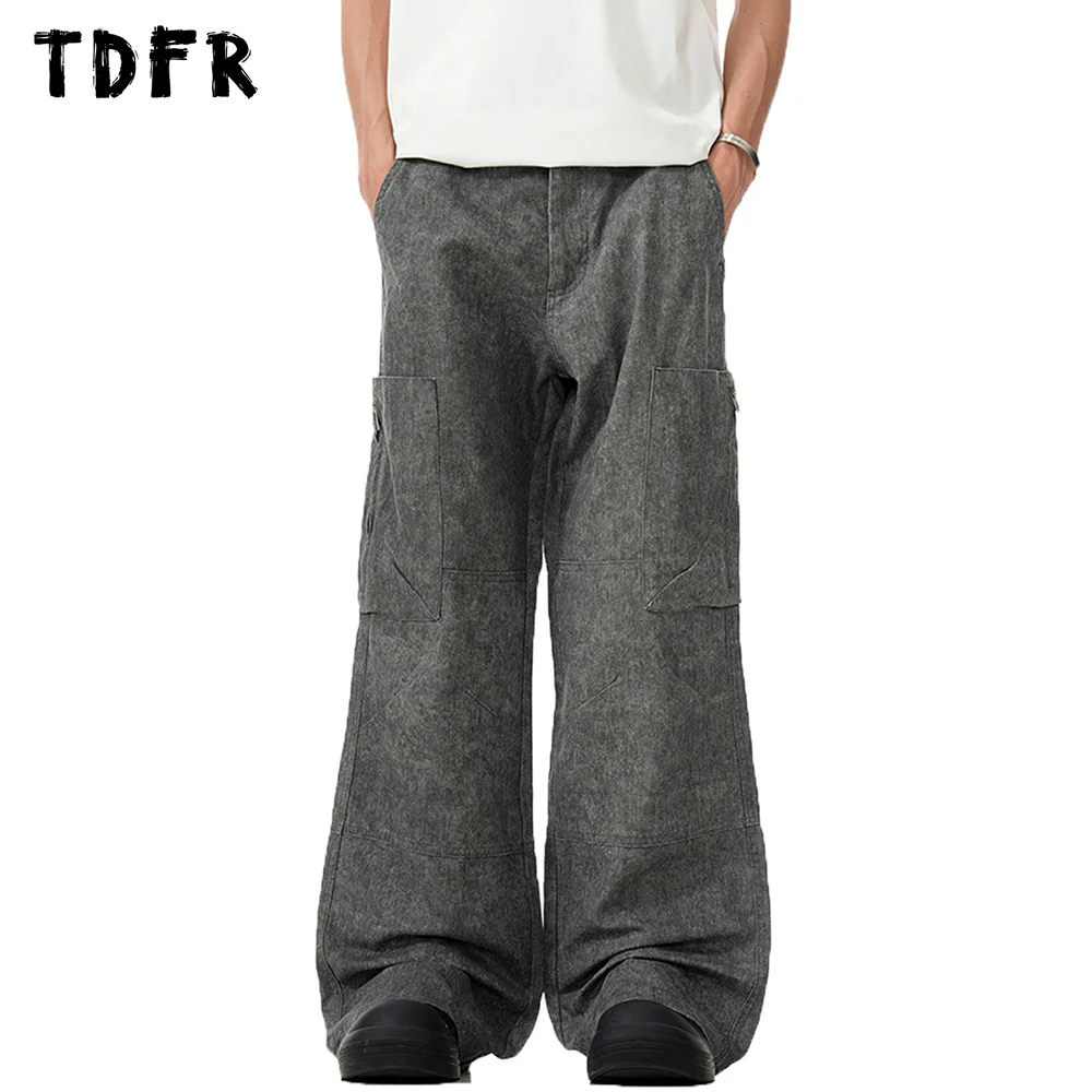 Zipper Decoration Pocket Cargo Pants Mens Streetwear Spliced Straight Loose Wide leg Trousers Men