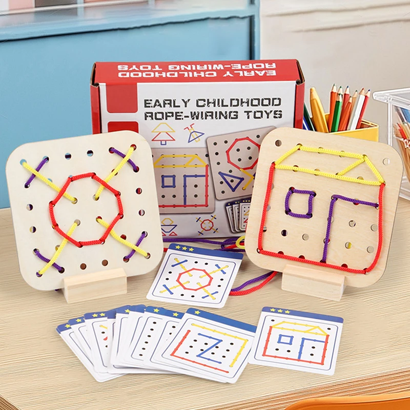 Houten Montessori Leermiddel Geometrie Touw Threading Games Kinderen Vroeg Onderwijs Denken Trainingsbord Educatief Speelgoed