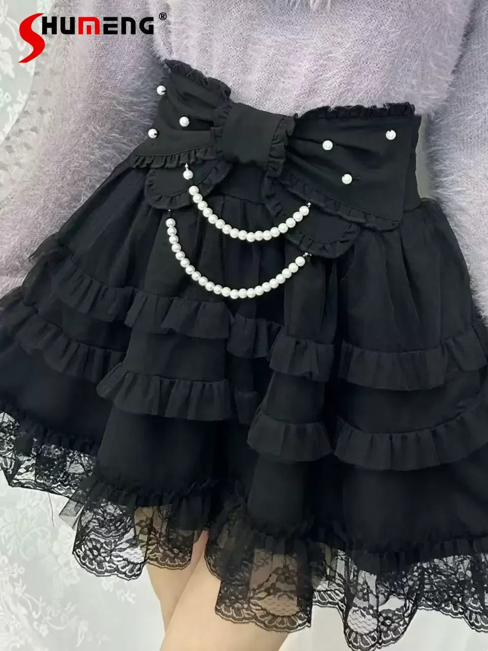 Original Japanese Mine Series Mass-produced Bow Pearl Skirt Women's Lace Ruffles Strap Neck Sweater Autumn and Winter New Models