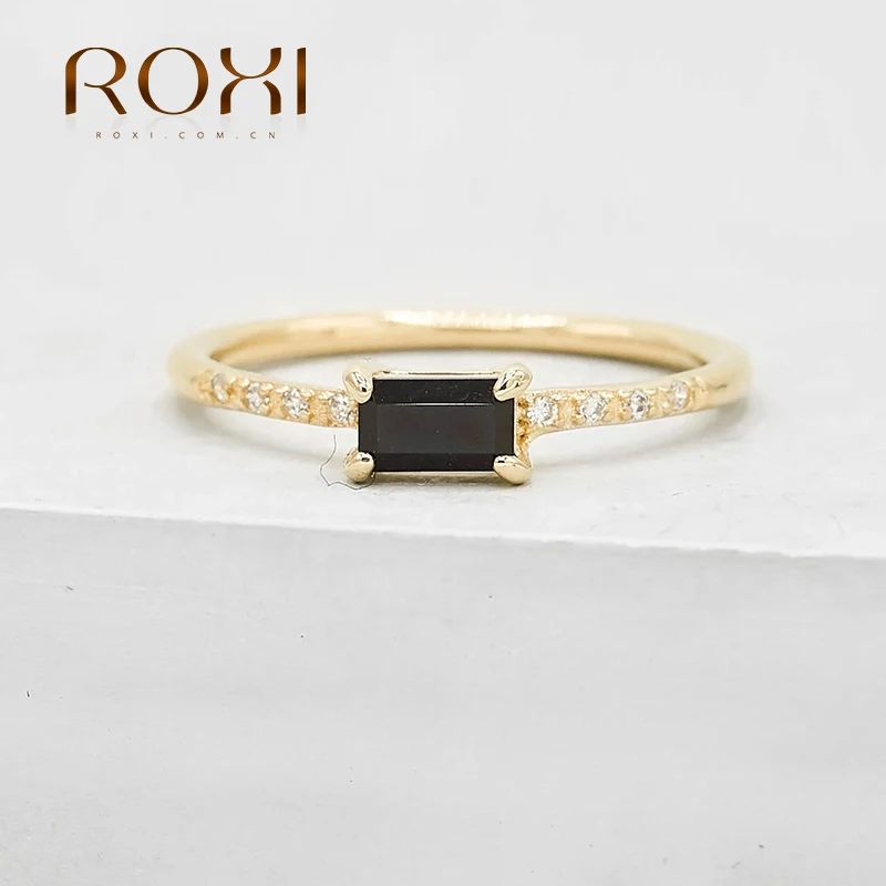 ROXI 925 Sterling Silver Square Black Cubic Zirconia Rings For Women Girl Elegant Wedding Party Jewelry Size 6 7 8 Finger Ring